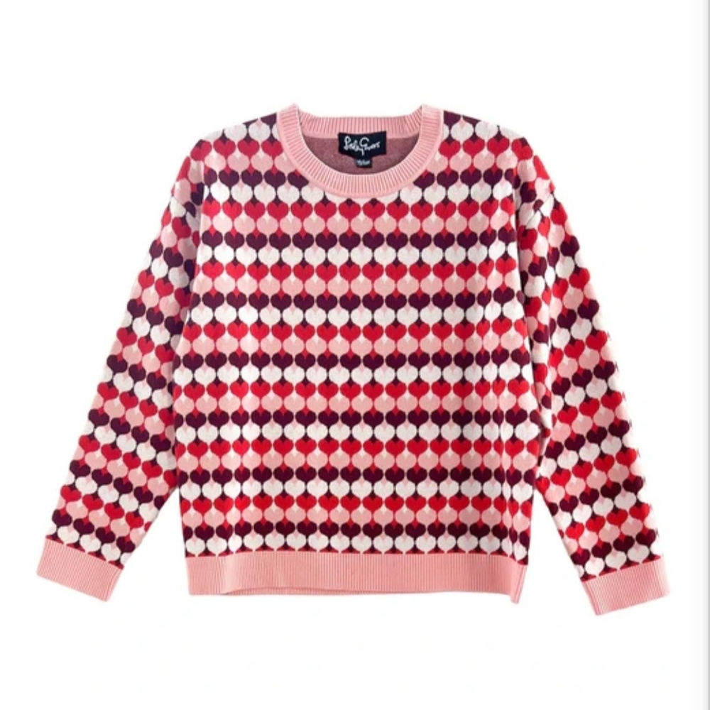 LESLEY EVERS Pink And Red Sylvie Heart Pattern Crew Neck Sweater